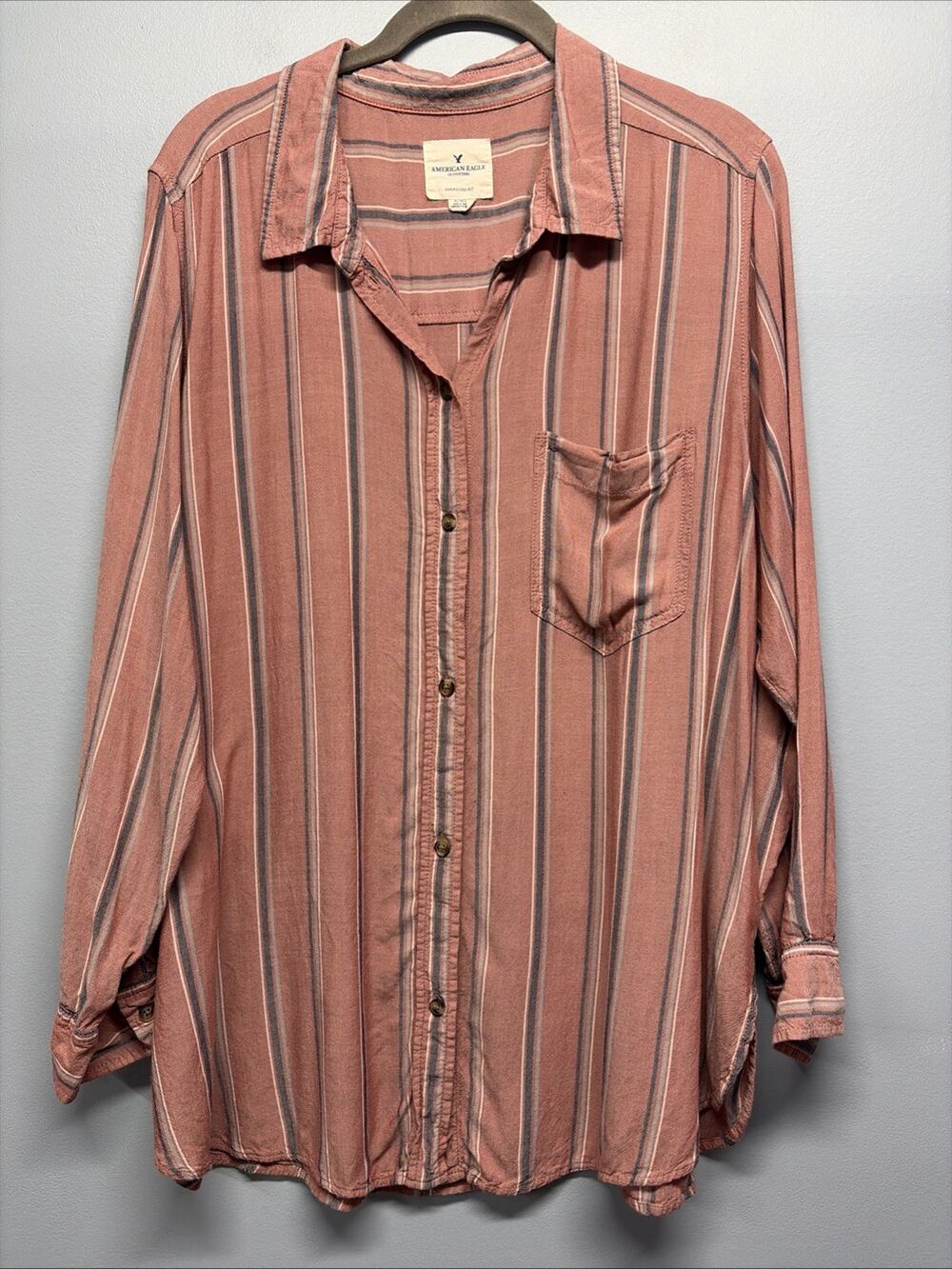 American Eagle Oversized Fit Pocket Blush Striped Button Up Women’s Sz XL